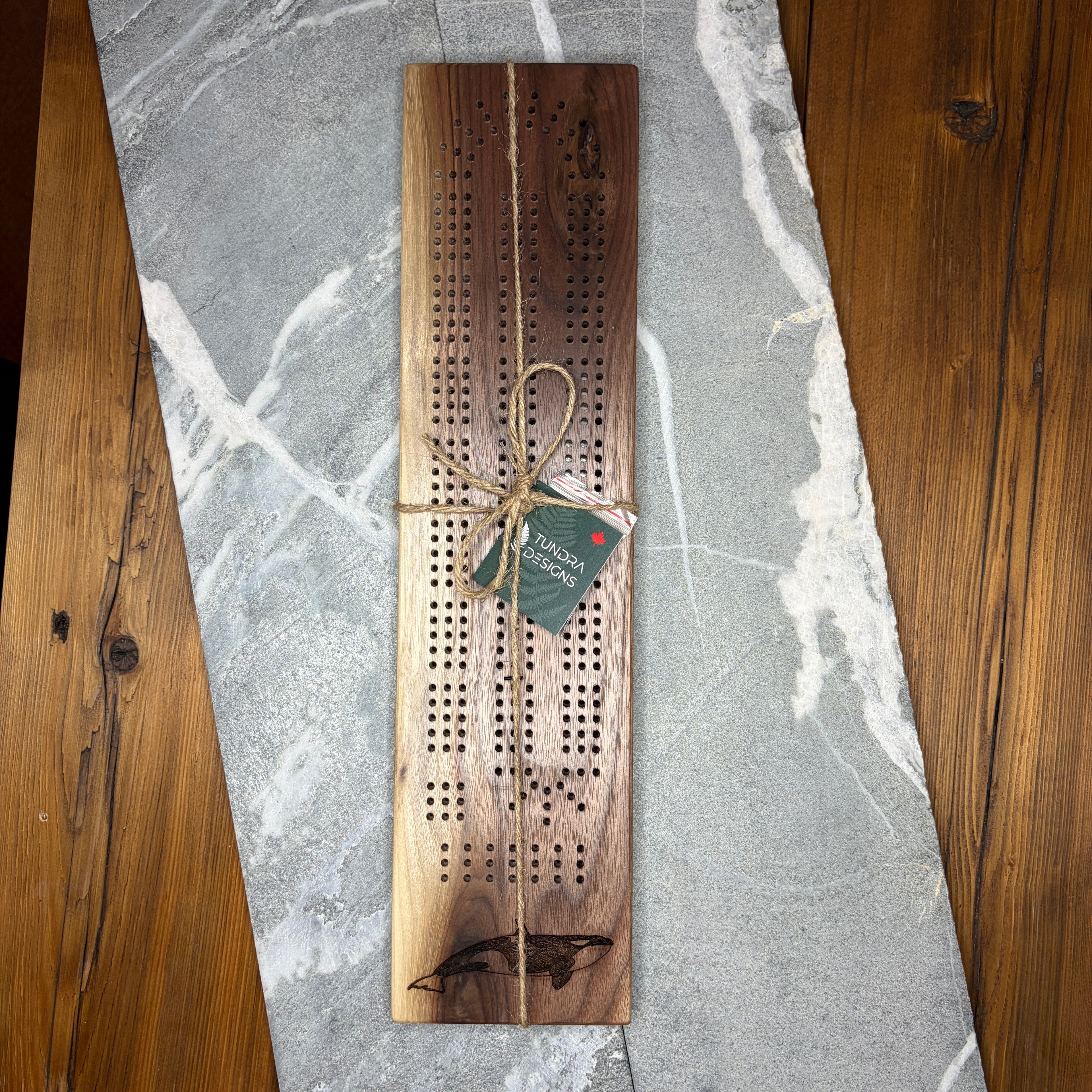 Coastal Orca Cribbage Board – Black Walnut Engraved Game Board