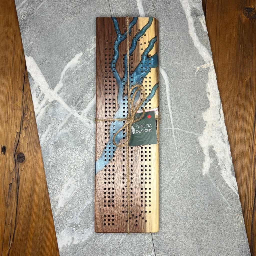 Live Edge Black Walnut Cribbage Board – Hand Carved Blue Epoxy Design