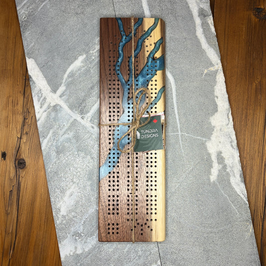 Live Edge Black Walnut Cribbage Board – Hand Carved Blue Epoxy Design