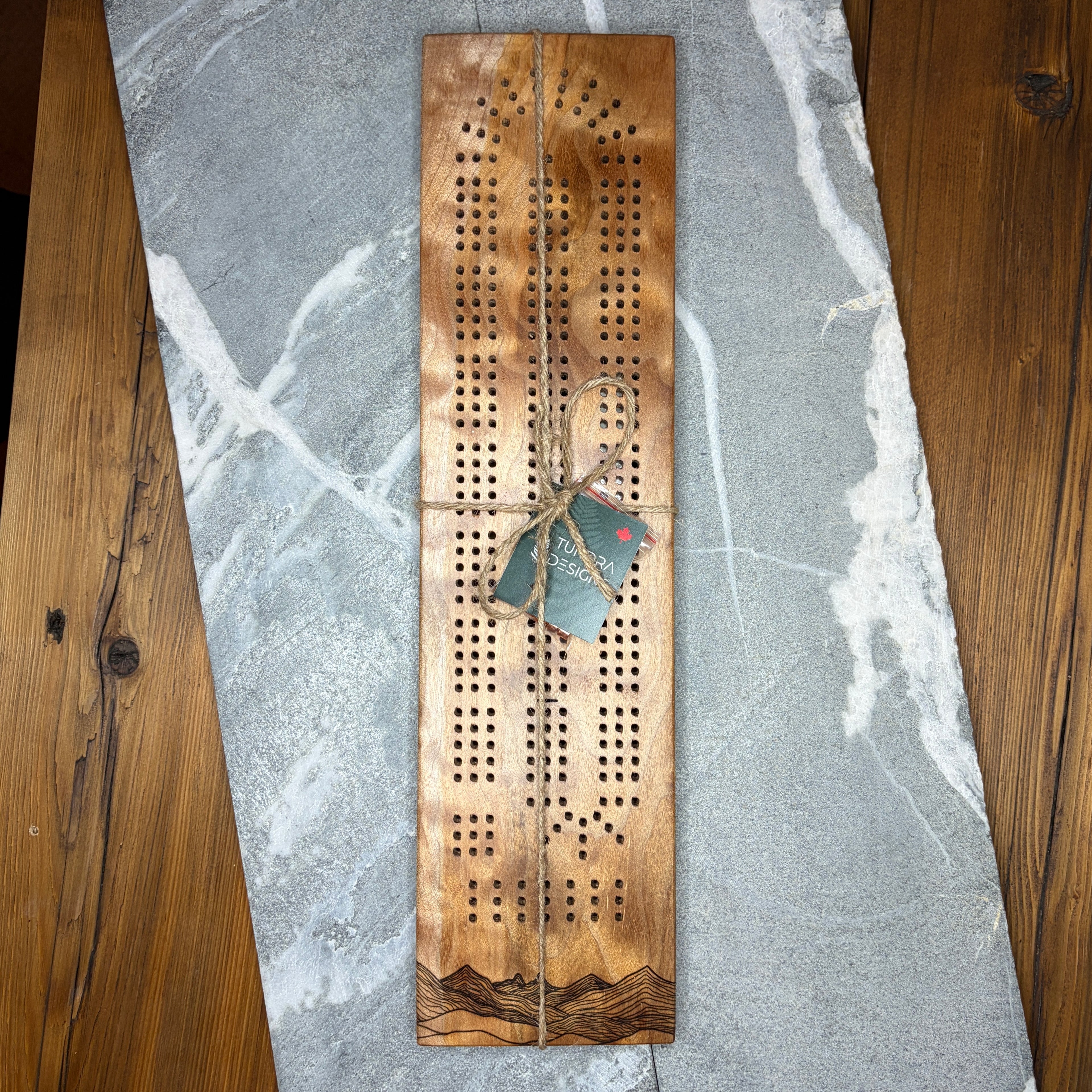 Two Sisters Engraved Curly Maple Cribbage Board | Handmade Canada