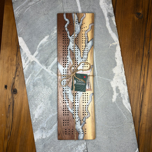 Lightning Epoxy Cribbage Board – Hand Carved Black Walnut Design