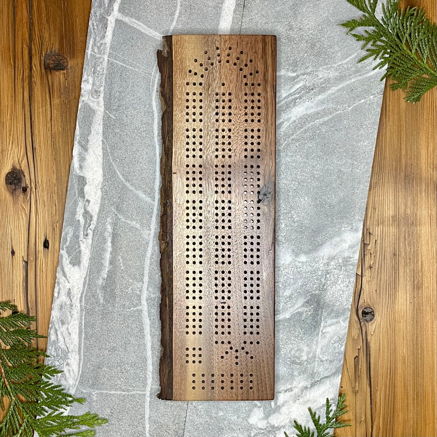 Live Edge with Bark Black Walnut Cribbage Board