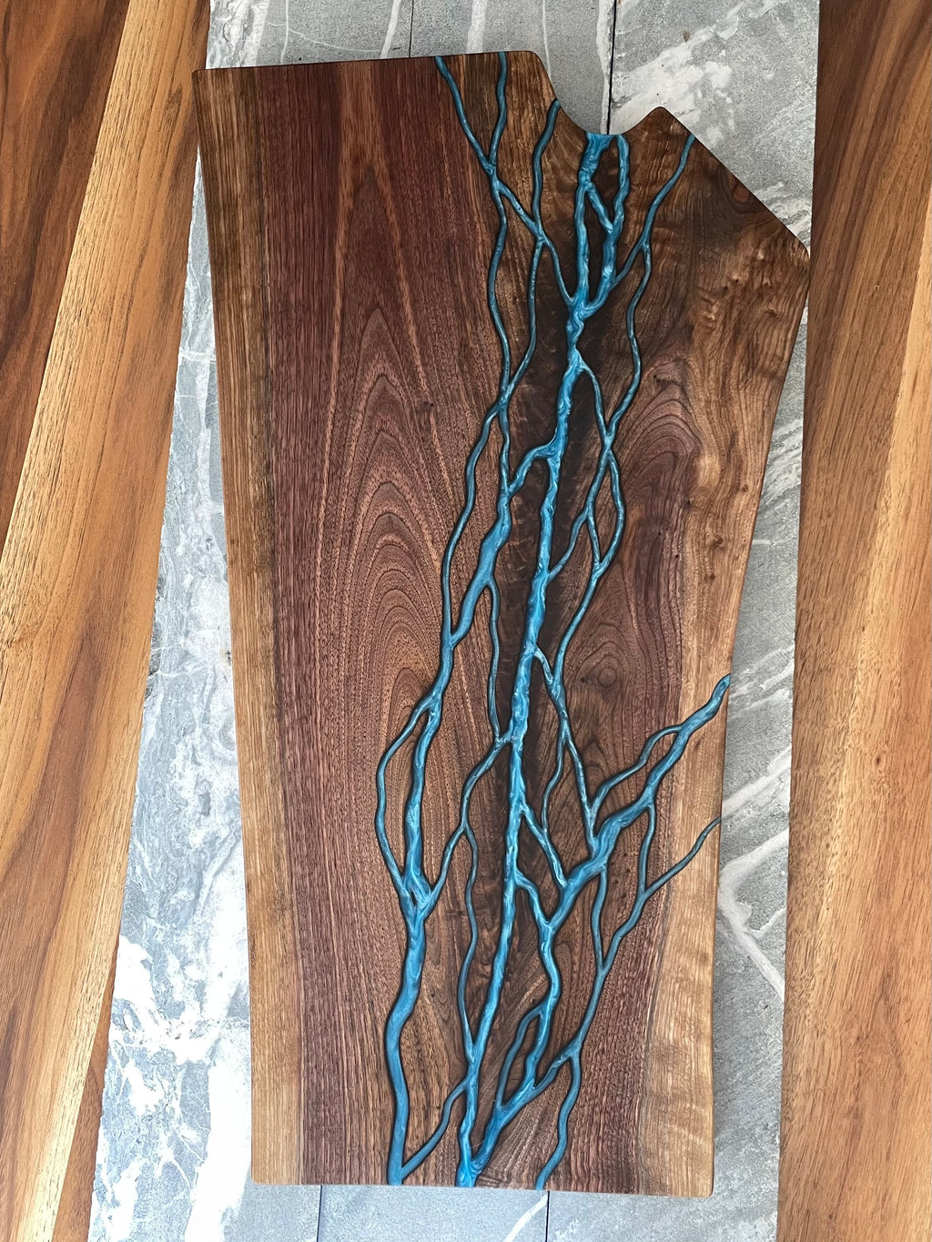 Large Black Walnut Charcuterie Board - Blue Hand-Carved Lightning Epoxy