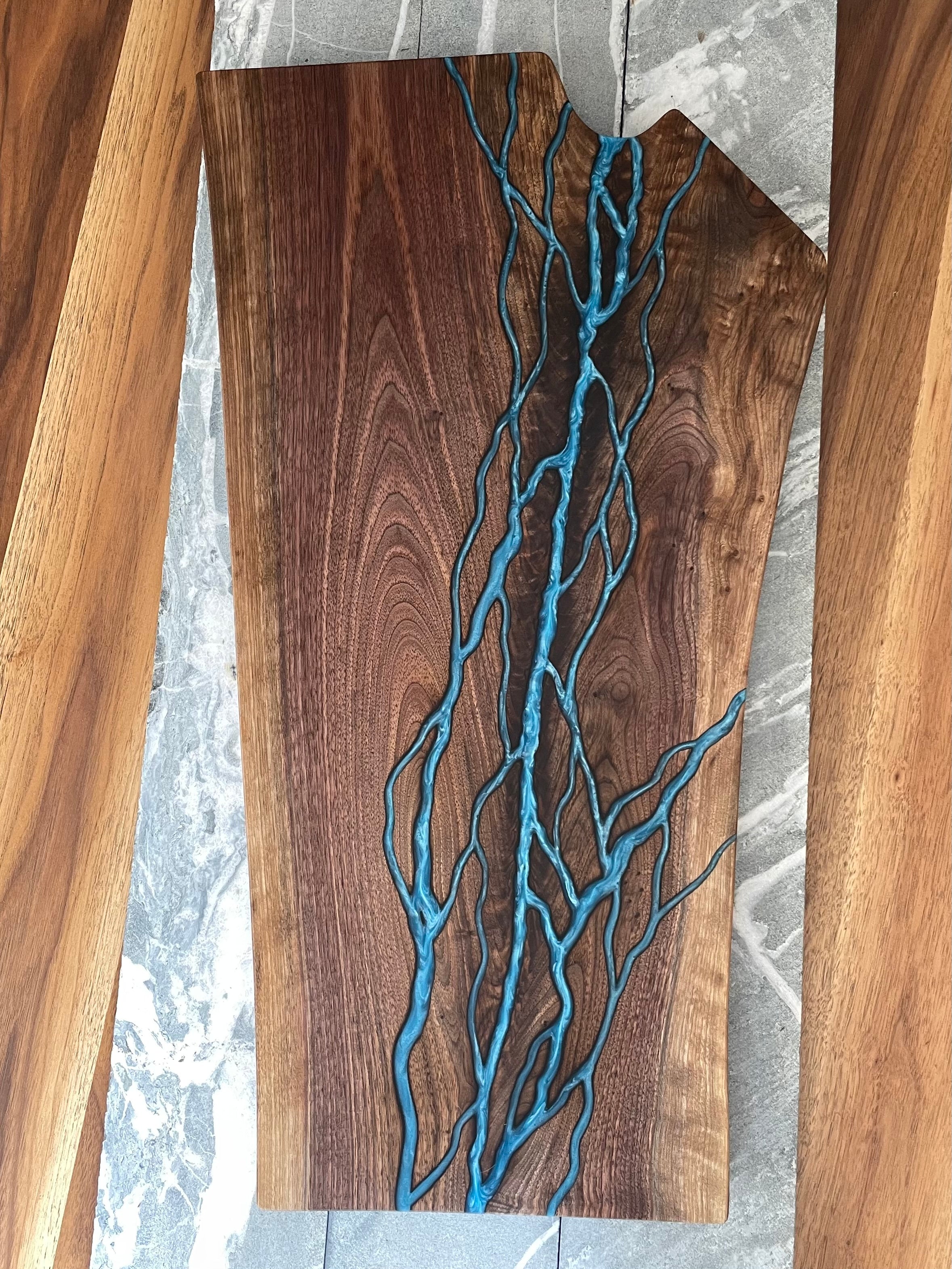 Large Black Walnut Charcuterie Board - Blue Hand-Carved Lightning Epoxy