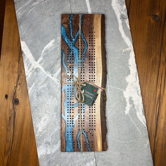 Blue Lightning Epoxy Black Walnut Cribbage Board – Hand Carved Live Edge Design