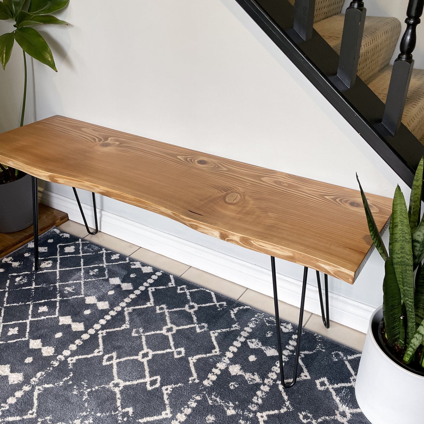 Beautiful custom live edge cedar bench paired with Hairpin legs, for sale by Tundra Designs in North Vancouver, BC.