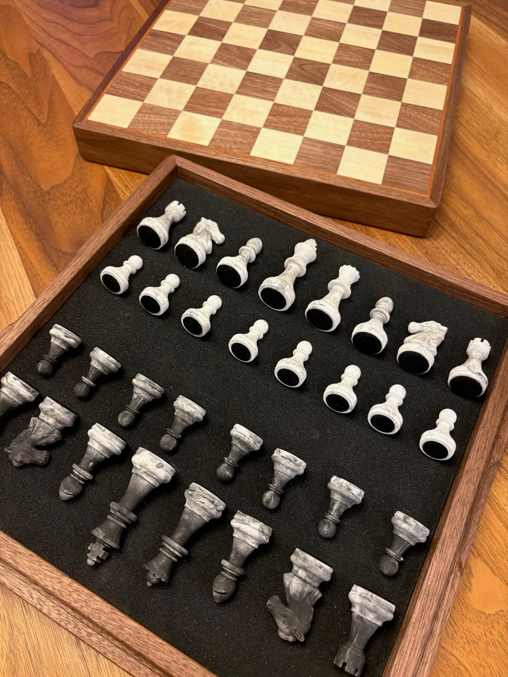 Black Walnut & Aspen Chess Board with Cherry Accent & Piece Storage