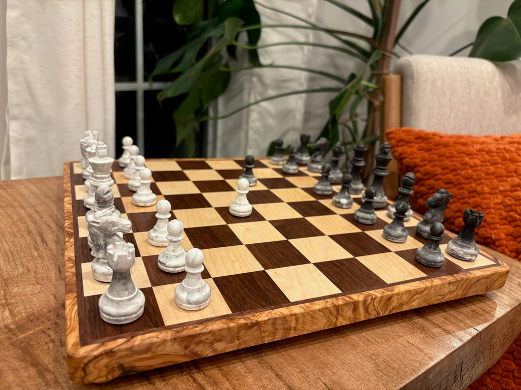 Black Walnut & Maple Chess Board with Olive Wood Trim