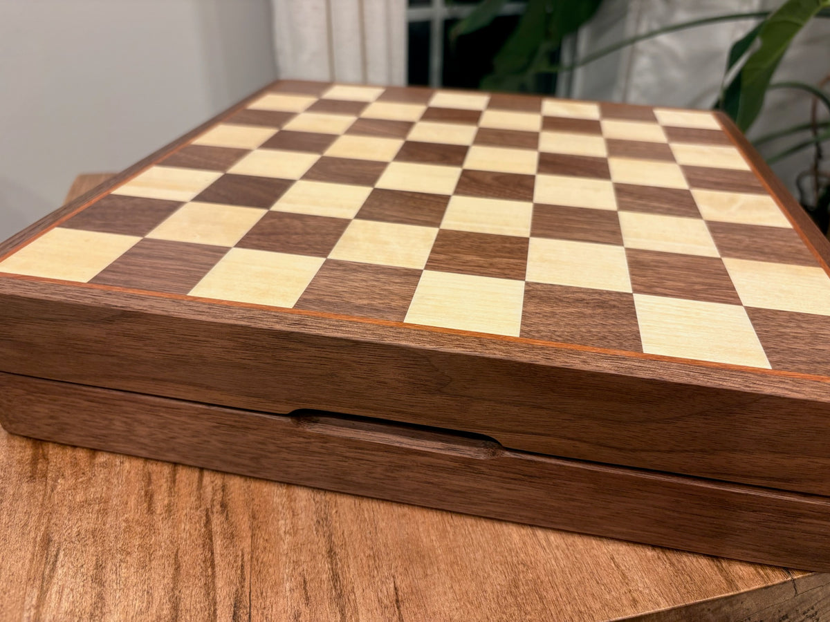 Black Walnut & Aspen Chess Board with Cherry Accent & Piece Storage