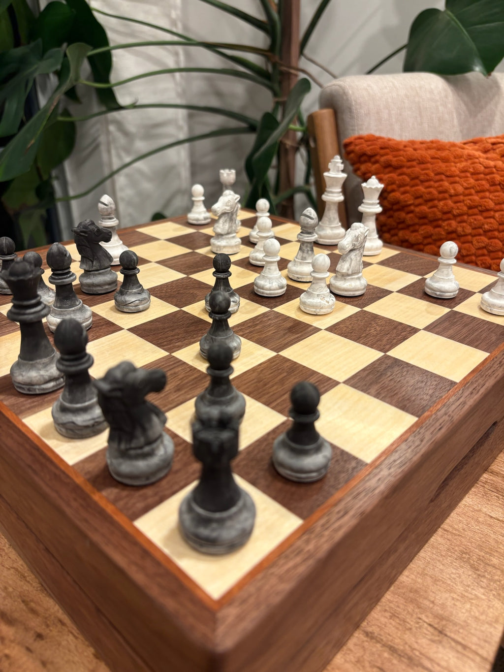 Black Walnut & Aspen Chess Board with Cherry Accent & Piece Storage