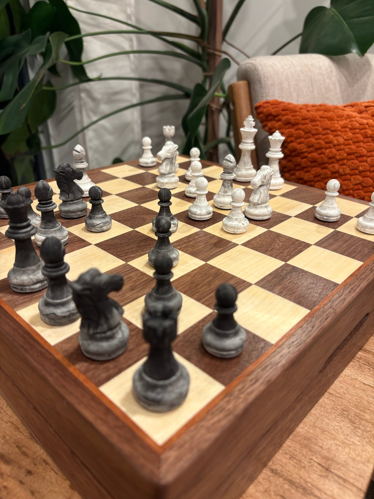 Black Walnut & Aspen Chess Board with Cherry Accent & Piece Storage