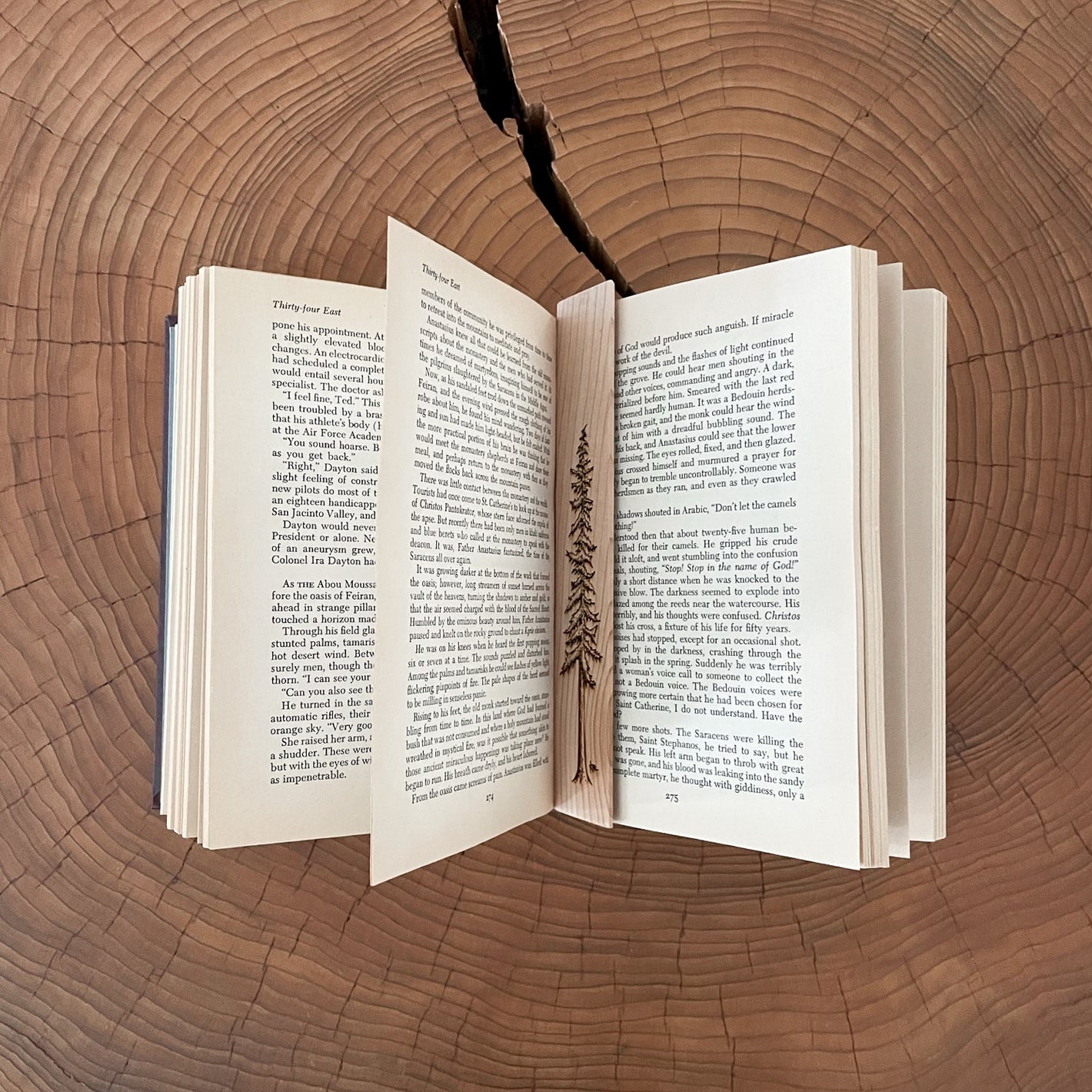 Wooden bookmark placed inside the pages of a book in front of a wooden background.