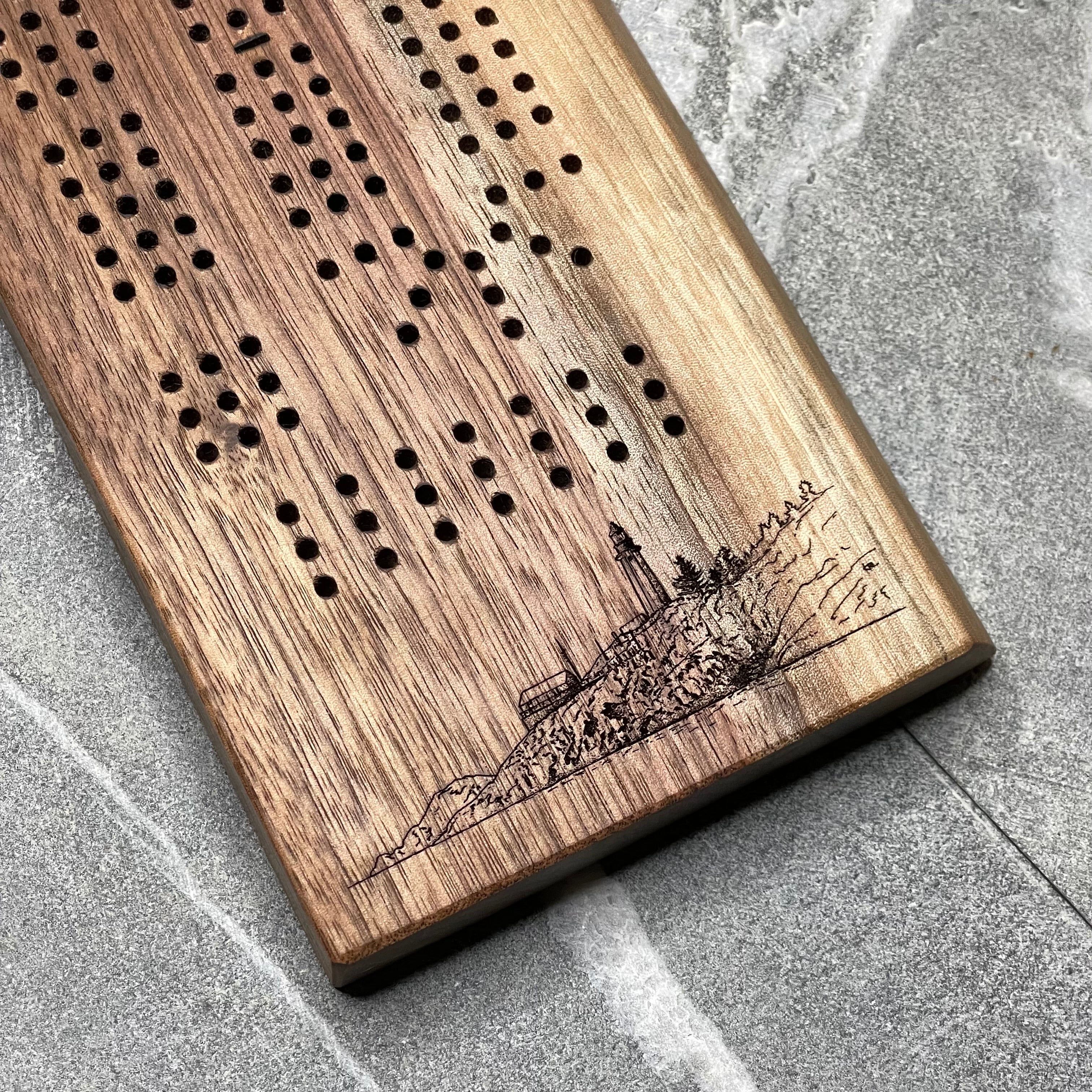 Light House Park Live Edge Black Walnut Cribbage Board, Vancouver