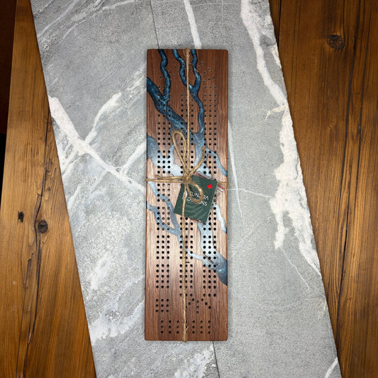 Straight Edge Black Walnut Cribbage Board – Hand Carved Blue Epoxy Design