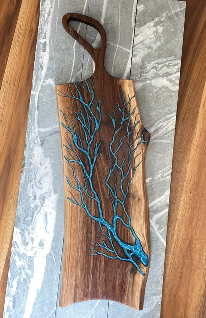 Live Edge Black Walnut Charcuterie Board with Hand-Carved Blue Lightning Epoxy