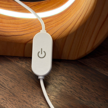 White USB-C cable with a power symbol on a wooden surface. Dimmer Switch