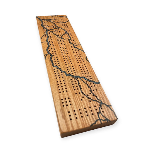 Oak Lightning Blue Epoxy Cribbage Board